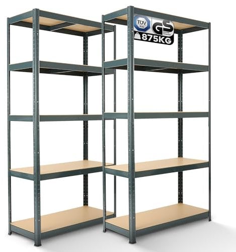 Arebos Schwerlastregal 2er Set | 180x90x40 cm | 875kg Tragkraft | 5 MDF-Platten | Einfache Montage durch Stecksystem Regal Lagerregal Kellerregal Steckregal Werkstattregal | Anthrazit