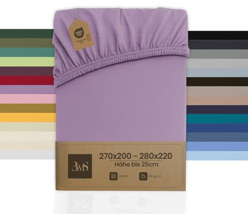 Bettwaesche-mit-Stil Familienbett Spannbettlaken Jersey Spannlaken Spannbetttuch (270x200-280x200 cm, Matratzenhöhe bis 25cm, Flieder Rosa) Gewicht: 180g/m², 90% Baumwolle 10% Elasthan