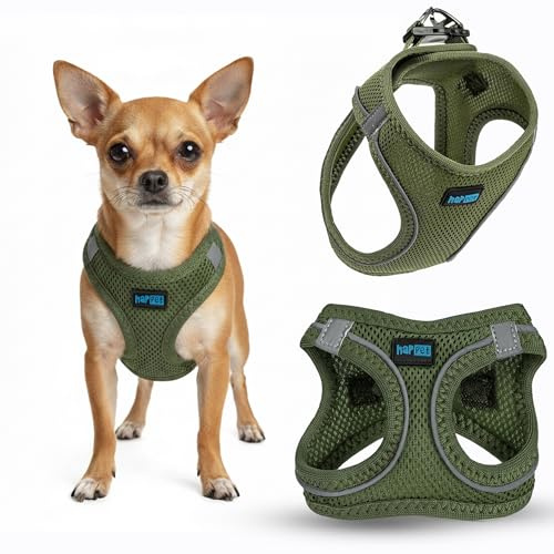 Happet Hundegeschirr XXXS für kleine Hunde & Katzen – atmungsaktives Air-Mesh Brustgeschirr, weich gepolstert, leicht & verstellbar, reflektierend, komfortabel & sicher, Softgeschirr für Hunde, Khaki