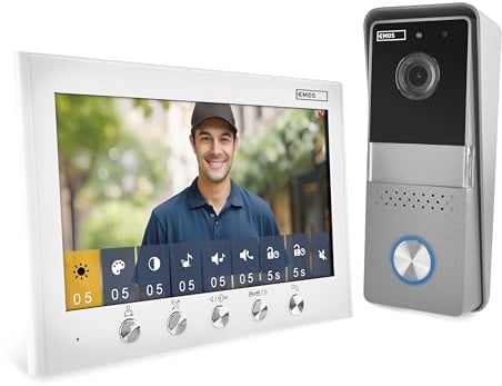 EMOS - Interphone vidéo, version 2 fils - Sonnette vidéo HD 720p - Caméra étanche avec vision nocturne, moniteur avec écran couleur de 7 - Installation facile avec bloc d'alimentation - Blanc/argenté