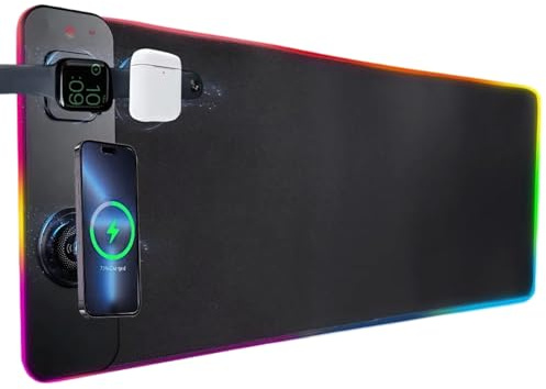 Tapis de souris avec LED, chargeur sans fil étanche RGB 15 W | 80 x 30 cm Tapis de souris Gaming Charge rapide magnétique antidérapante | pour PC Gaming Smartphone ordinateur portable bureau salle de