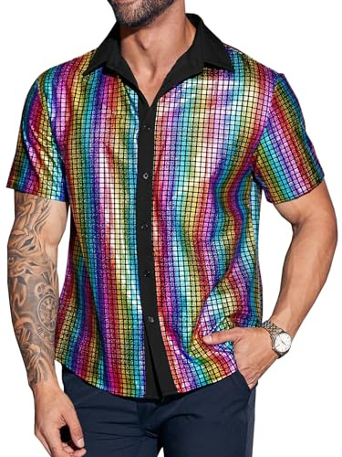 Runcati Herren Disco Hemd Kurzarm 70er Glitzer Hemden Männer Sommer Vintage Pailletten Party Shirt Karneval Kostüm Nachtclub Oberteil