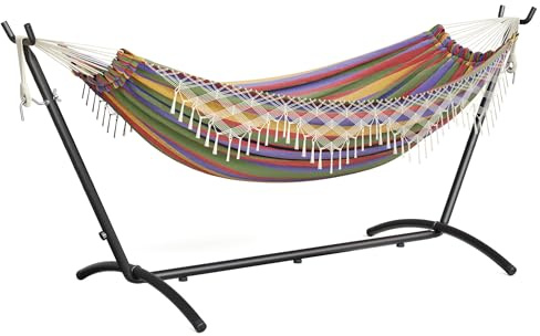 Mondeer Hamac bohème pour 2 Personnes avec Support,Réglable en Hauteur, hamac Double avec Franges et Cadre métallique, idéal pour terrasse, Jardin et Balcon,Rouge