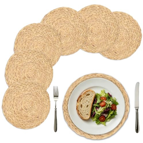 Round Woven Placemats Set of 6, 30cm Water Hyacinth Table Mats, Rattan Style woven Wicker Place Mats, Heat Resistant & Anti-Slip Table Mats for Kitchen Dining Table Rustic Boho Decor Wedding
