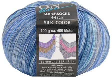 Garne Supersocke Silk Color Sockengarn, 4-fädig mit Farbverlauf, 55% Wolle, 25% Polyamid, 20% Seide, 100g, 400m (3256)