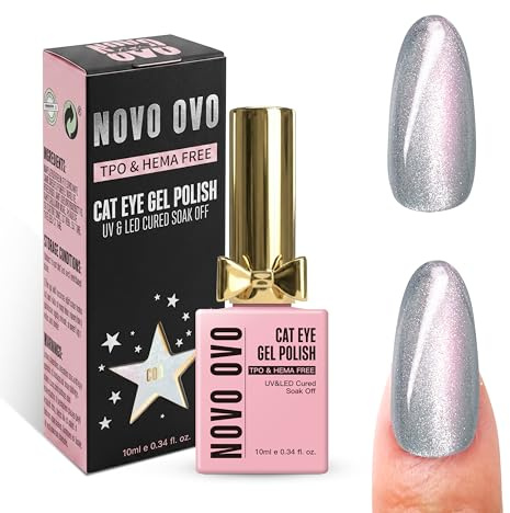 NOVO OVO Cat Eye Glitter Gel Nail Polish, C03_Silver Moonlight(silver chrome and metallic white), TPO & HEMA Free, Salon Effect Holographic Magnetic Shimmer, Soak Off UV LED for DIY Nail Art 10ml