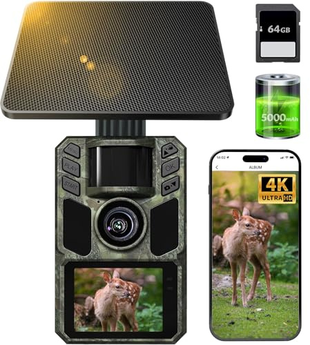 FKPCAM Wildkamera mit Handyübertragung App,Wildtierkamera 4K 64MP WLAN Solar mit Lithium-Batterie, Bewegungsmelder Nachtsicht, Inklusive 64GB SD Karte, 0,1s Auslösezeit, IP67 Wasserdicht
