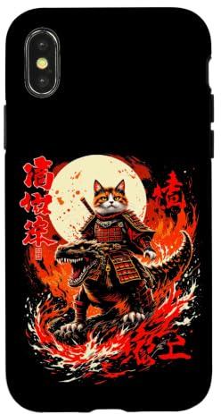 Chat samouraï Audacieux chevauchant Un Dragon avec Flammes Coque pour iPhone X/XS