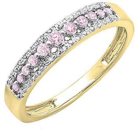 Damen-Ring 14 Karat Gold rund rosa Saphir und weißer Diamant, Gelbgold