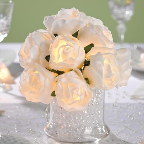 hellum Blumenstrauß LED Rosen beleuchtet, weiße künstliche Blumen mit 10 warmweißen LEDs, Rosenstrauß, leuchtende Deko Frühling innen, batteriebetrieben (2xAA, Nicht inkl.), Deko 300260