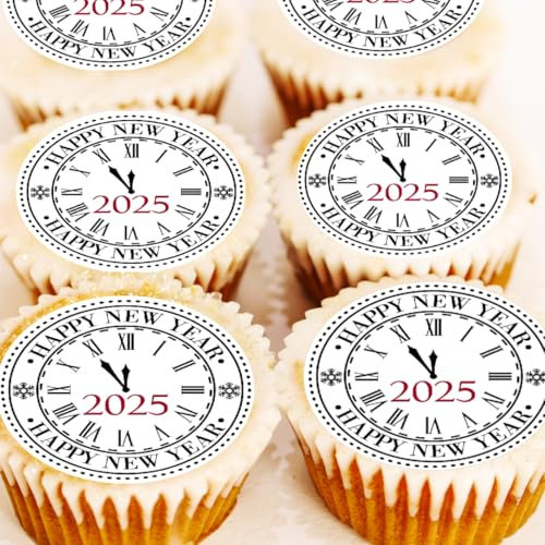 New Year 2025 Clock Cupcake Toppers - PRE-CUT - New Year's Eve Cake Decorations - Edible Wafer - 4cm x 24