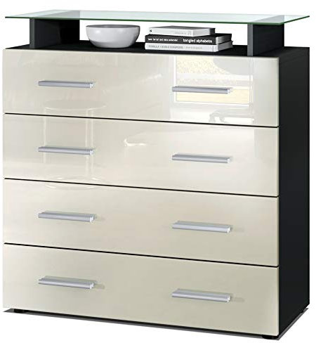 Vladon Sideboard Pavos V2, Kommode mit 4 Schubladen und Glasablage, Schwarz matt/Creme Hochglanz (76 x 81 x 35 cm)