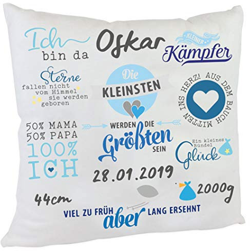 Personalisiertes Namenskissen für Frühchen Spruch zur Geburt oder Taufe Mädchen Namen Babykissen Säugling Geschenk (blau)