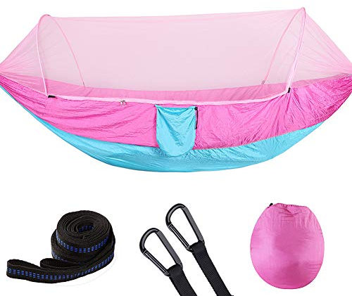 DAIHAN Camping Hängematte Ultraleichte mit Moskito Netz, Atmungsaktiv, schnell trocknende Fallschirm Nylon für Outdoor Camping und Indoor Garten Pink Blau S