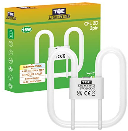 TBE LIGHTING 16w 2D 2-PIN CFL Energy Saving Lamps - DD Fluorescent Bulbs - 2-Pin GR8 Base Fittings - Long Life Lamp, Soft White 3500K (Single Unit)