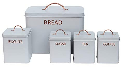 5PC Square Kitchen Storage Set: Bread Bin, Biscuit Tin and Tea, Coffee & Sugar Canister Set - Light Matt Grey - Vintage Classic Inspired Metal Storage Set.