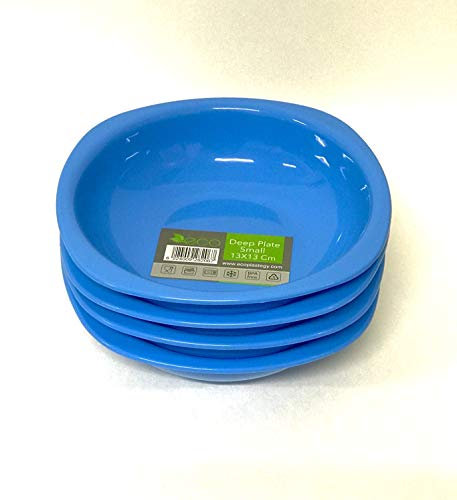 ECO 4 Pc Unbreakable Deep 13 x 13 cm Blue Round Plastic Plates | Small High Edge Kids Plates | Stackable Plastic Plate Reusable for Birthdays, Picnic, BBQ & Parties (Blue, Small)