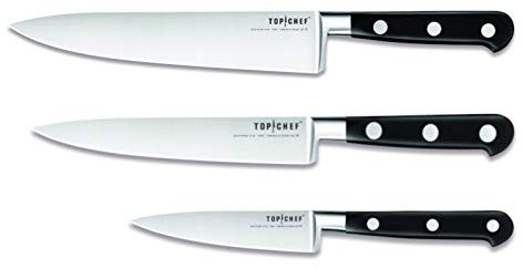 TB- Top Chef - Set de 3 Couteaux Top Chef - Couteau d’Office,Tranchelard et de Cuisine - Lames en Nitrox - Manches en POM - Fabriqués en France