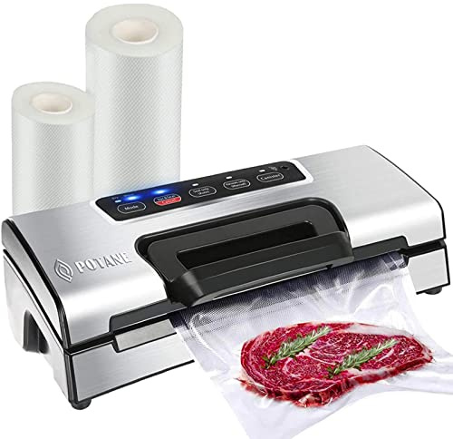Potane Precision Vacuum Machine,Pro Food Sealer with Built-in Cutter and Bag Storage(Up to 20 Feet Length), Both Auto Manual Options,2 Modes,Includes 2 Bag Rolls 11”x16’ and 8”x16’,Compact Design