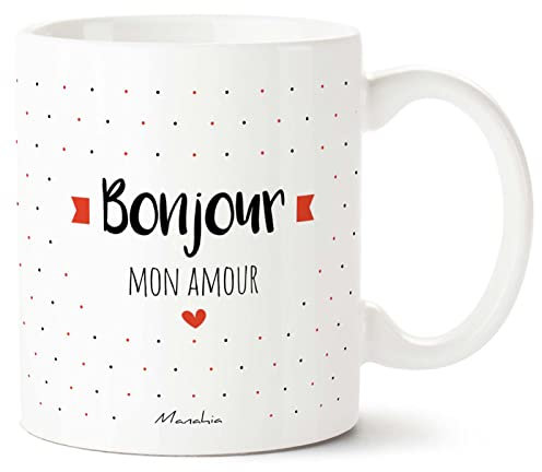 Manahia Mug Amour - Bonjour Mon Amour - Avec Boite Kraft - 330 mL Céramique - Imprimé en France - Saint Valentin - Cadeau Couple - Tasse Je t'aime - Mug Noël