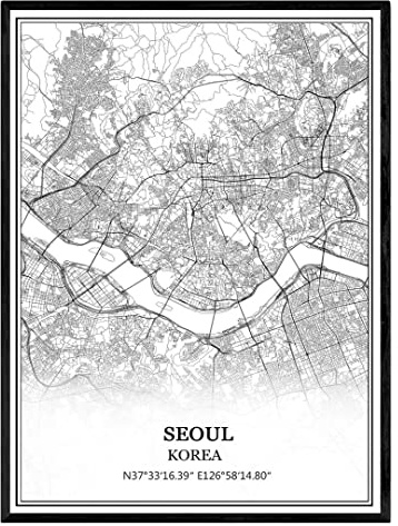 TANOKCRS Seoul Korea Karte Wandkunst Leinwand drucken Poster Artwork ungerahmt moderne Schwarz-Weiß-Karte Souvenir Geschenk Home Decor 28x36 cm