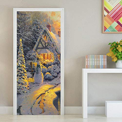 YQLKD Door Decal Plain Wooden Snowman Waterproof Wallpaper Poster Door Sticker New Decals Mural