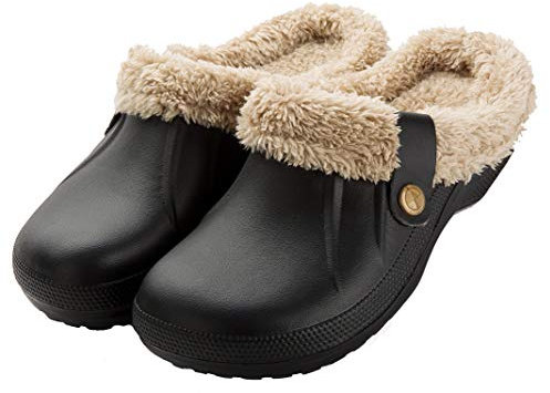 CELANDA Zuecos de Mujer Hombre Mules Invierno Caliente Forro Pantuflas Impermeable Zapatos de jardín Antideslizantes Zapatillas de Estar en Casa, Negro B Tamaño:37-38 EU