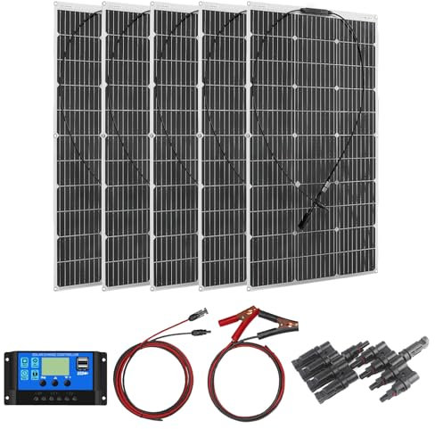 500W 18V Flexibles Panneaux Solaires Kit 5pcs 100W Monocristallin Solaire hors réseau Module, 50A contrôleur, pour charger des batteries 12V - camping-car, caravane, bateau, toit