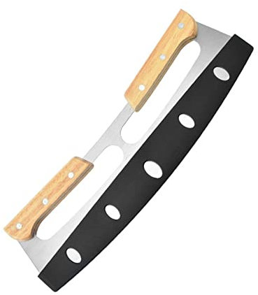 SagaSave Tagliapizza Rocker, versatile taglierina multiuso per pizze con doppio manico in legno, tritatutto in acciaio inox adatto per torte tutti i tipi di crosta (14 pollici)