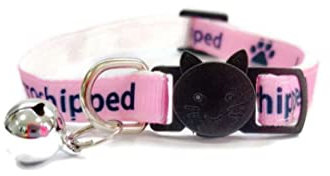 Collier pour Chat avec Clochette | Boucle à dégagement Rapide sécurisée – Rose, I Am Microchipped