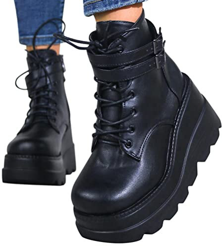 Minetom Damen Chunky Schuhe Blockabsatz Plaftorm Gotisch Stiefeletten Punk Gothic Plateau Ankle Boots Reißverschluss High Heels D Schwarz 41 EU