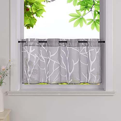 HeichkelL Scheibengardine Ausbrenner Gardinen Transparent Bistrogardine mit Ösen Küche Kurz Vorhang Äste Muster Grau HxB 45x120cm
