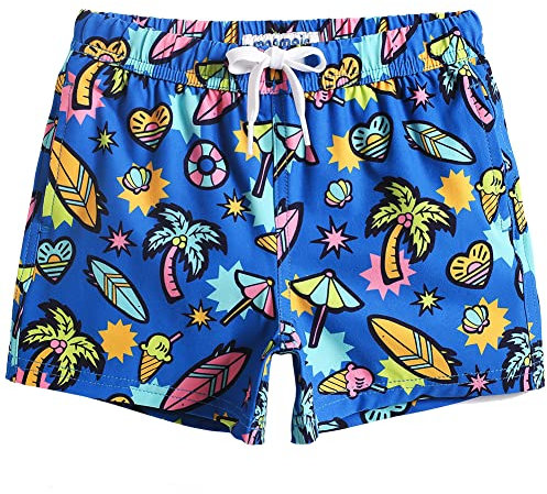 MaaMgic Jungens 4 Way Stretch Badehosen Schnelltrocknend Badeshorts mit Mesh-Futter Taschen und Verstellbarem Tunnelzug MEHRWEG,Kokosnussbäume Surfbretter Blau 2022