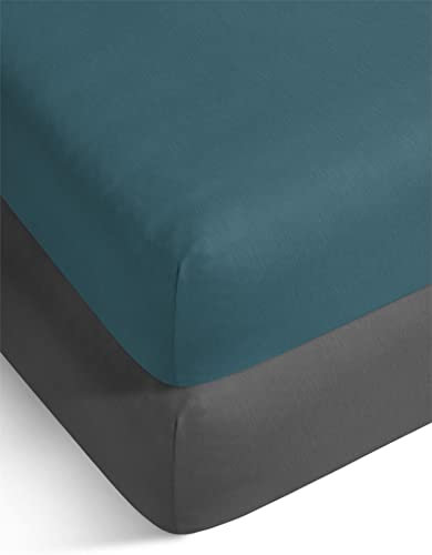 2 Spannbettlaken aus 100% gekämmter GOTS Bio-Baumwolle - atmungsaktives Spannbetttuch mit 35 cm Steghöhe Farbe Anthrazit/Petrol Größe 90-100 x 200 x 35 cm