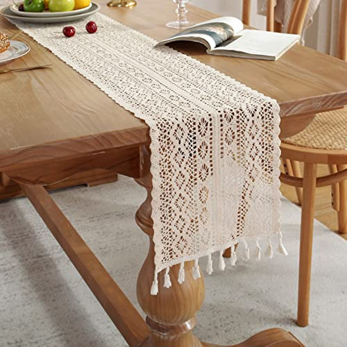 EXQUILEG Weiße Spitze Tischdecke – Vintage Spitze Weiß Stoff Tischband, Fransen Tischläufer für Deko Hochzeit Tisch Makramee Stickerei Blumen (C,24 * 140cm)