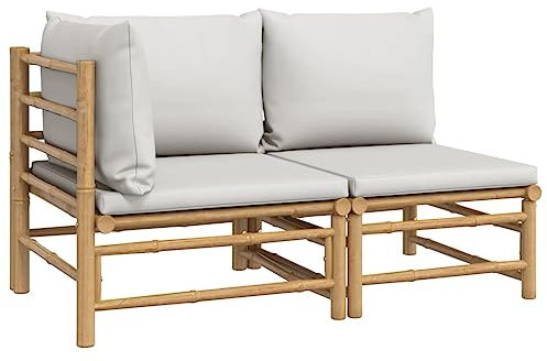 vidaXL Salon de Jardin 2 pcs avec Coussins Gris Clair Bambou, Ensemble de Salon, Ensemble de Salon extérieur, Ensemble de mobilier d'extérieur