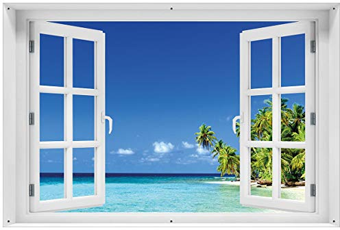 Wallario Outdoor-Poster für Garten oder Balkon Blauer Himmel weißer Strand Palmen und das tiefblaue Meer, Motivbanner Größe: ca. 60 x 90 cm mit Fenster-Illusion