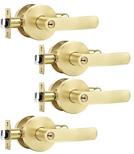 Karlstone 4 Pack Gold Door Handle,Keyed Alike Heavy Duty Entry Gold Handle Door Knobs with Lock and Key for Bedroom Bathroom or Front Doors