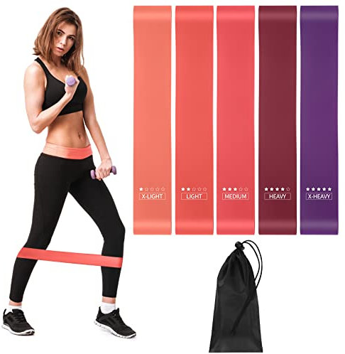 5 STK Gymnastikbänder, Widerstandsbänder, Fitnessbänder, Resistance Bands mit 5 STK verschiedenen Widerstandsstufen, für Stretching Yoga, mit Tragetasche und Anleitung (A)