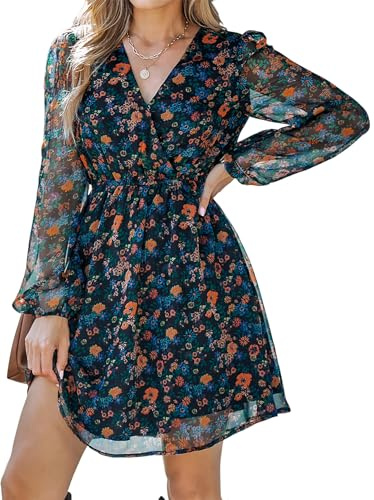 CUPSHE Women's Floral Print Chiffon A-Line Mini Dress Long Peasant Sleeves Elastic Autumn Dress Navy Floral XL