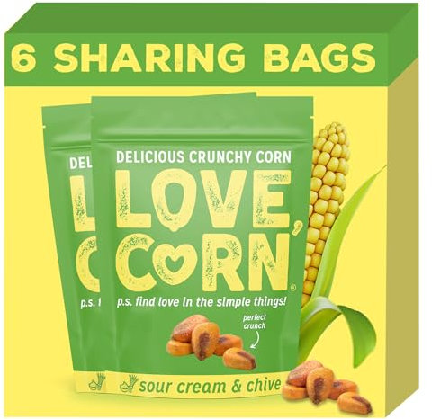 LOVE CORN Sour Cream & Chive Crunchy Corn Snack 115g x 6 Bags – Healthy Snacks Ideal for Gluten Free & Vegan Diets – Low Sugar Alternative for Crisps, Mixed Nuts & Pretzels – Perfect To Graze On