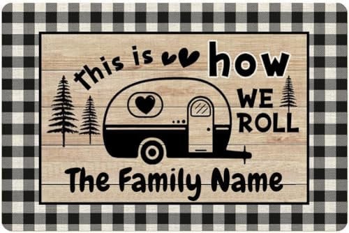 Drehomeie Custom Happy Camper Mat Welcome Mat Outdoor Personalied Campinf Gifts This is How We Roll Customized Last Name Non Slip Doormat 23.6x15.7 Inches Campsite Rugs Camping Accessories