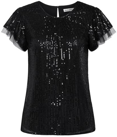 Pailletten Ball Oberteile Glitter Shirt Kurzarm Bluse Schwarz S