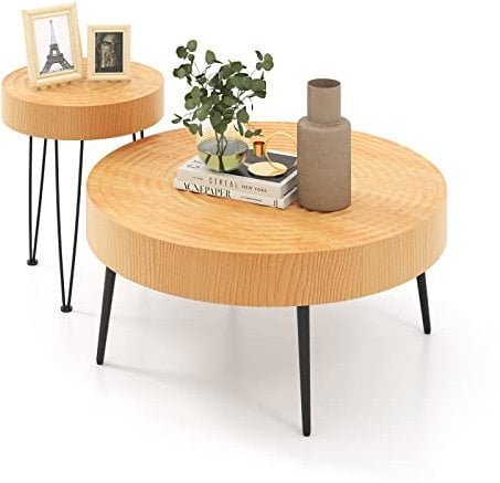 COSTWAY Round Coffee Tables Set of 2, Solid Wood Center Nesting Tables with Metal Legs, Stackable Accent End Sofa Side Table for Living Room, Bedroom and Small Space (Water-ripple Tabletop)