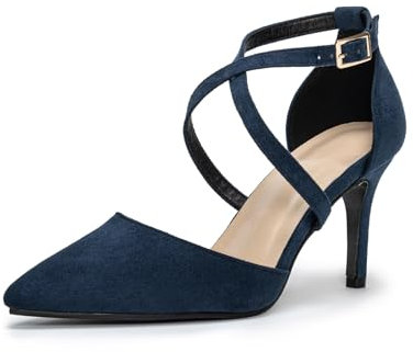 Hoefirm Zapatos Mujer Tacon Alto Zapatos Punta Fina Bombas con Cierre de Hebilla Tacones Ante Azul Marino 37