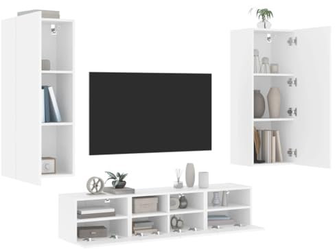 LAPOOH Unités murales TV 5 pcs Blanc Bois d'ingénierie,Meuble TV,Table Basse Salon Meuble TV,Table Basse LED Couleurs