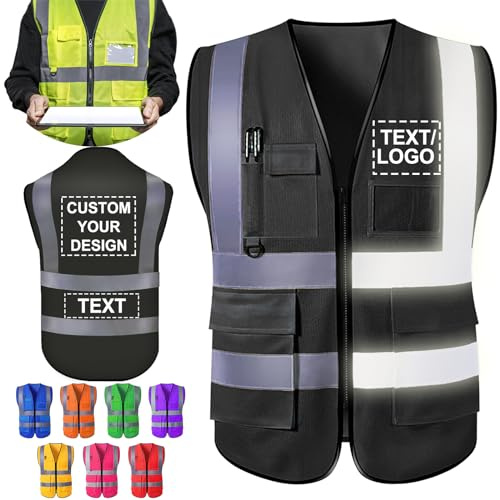 ShAxzHen Sicherheitsweste für Herren und Damen, mit Logotaschen, personalisierbar, hohe Sichtbarkeit, schützende Arbeitskleidung mit reflektierenden Streifen, Schwarz , S