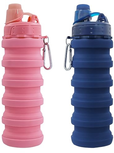 YCTMALL Bottiglie d'acqua pieghevoli, confezione da 2, da viaggio, sport, con fibbia per alpinismo, in silicone, impermeabile, da campeggio, 500 ml, colore blu scuro e rosa
