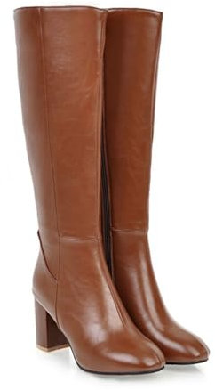 WOkismD Stivali Alti Fino al Ginocchio con Polpaccio Largo da Donna, Tacco Spesso a Blocco, Punta Rotonda, Cerniera Laterale, Stivali Lunghi in Pelle PU, Stivali Eleganti per Autunno,Marrone,41