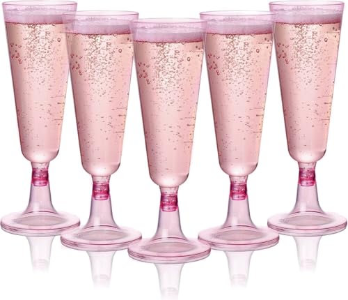 MATANA 48 Premium Elegant Pink Plastic Champagne Flutes, 150ml - Reusable Toasting Glasses, Cocktail Prosecco Glasses for Weddings, Birthdays, Christmas, Bridal Showers, Themed Parties